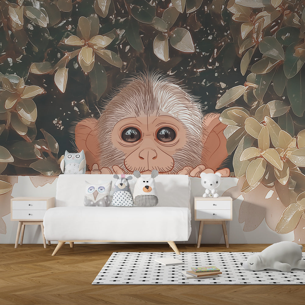 Jungle monkey mural wallpaper transforming children's playroom into tropical adventure space