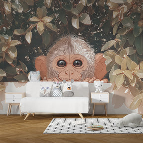 Jungle monkey mural wallpaper transforming children's playroom into tropical adventure space