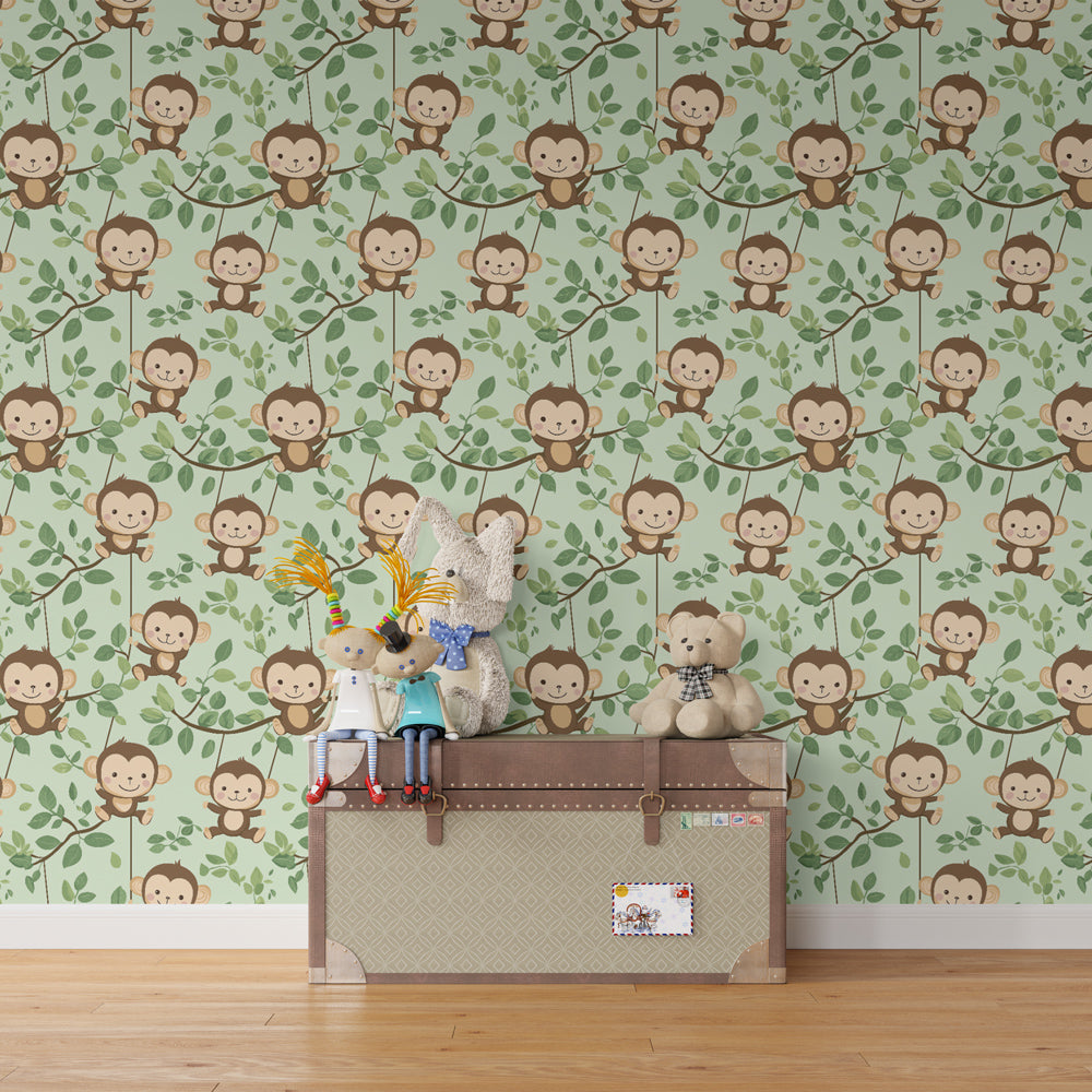 Jungle monkey mural wallpaper transforming children's playroom into safari adventure space
