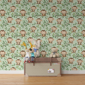 Jungle monkey mural wallpaper transforming children's playroom into safari adventure space