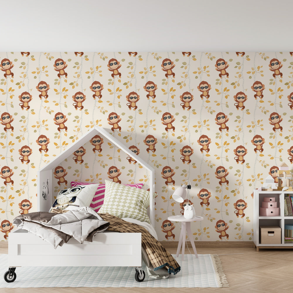 Mischievous monkey mural wallpaper transforming kids playroom into jungle adventure space