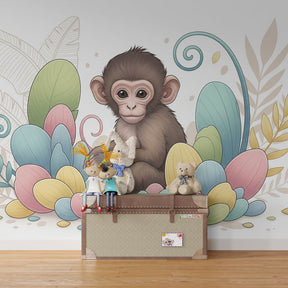 Floral monkey mural wallpaper transforming kids playroom into garden sanctuary