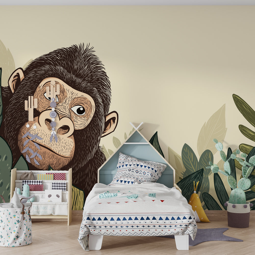 Adorable monkey mural wallpaper for children's playroom featuring tropical leaves and wildlife theme