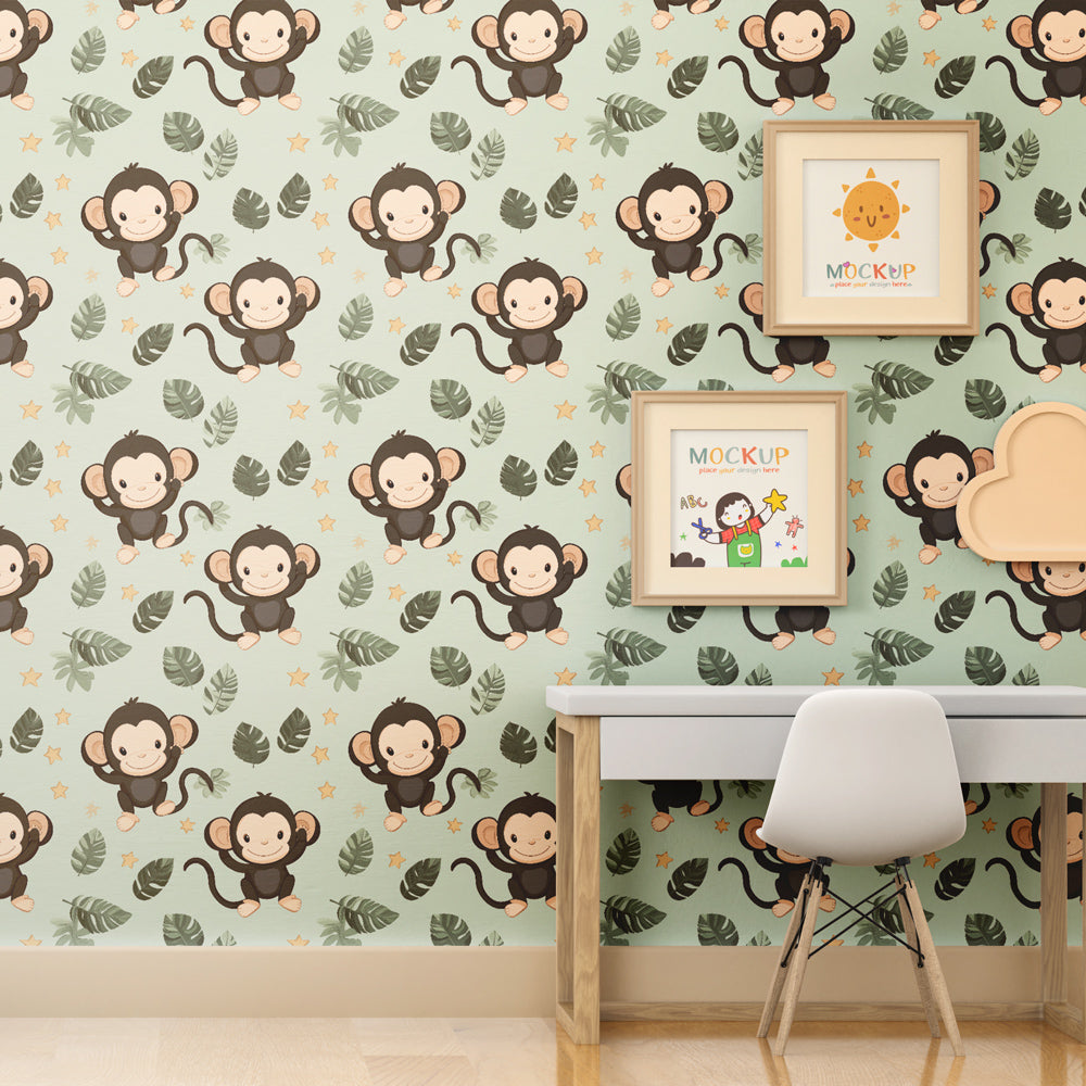 Jungle monkey mural wallpaper transforming kids playroom with vibrant tropical leaf design