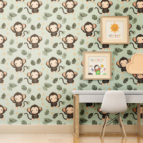 Jungle monkey mural wallpaper transforming kids playroom with vibrant tropical leaf design
