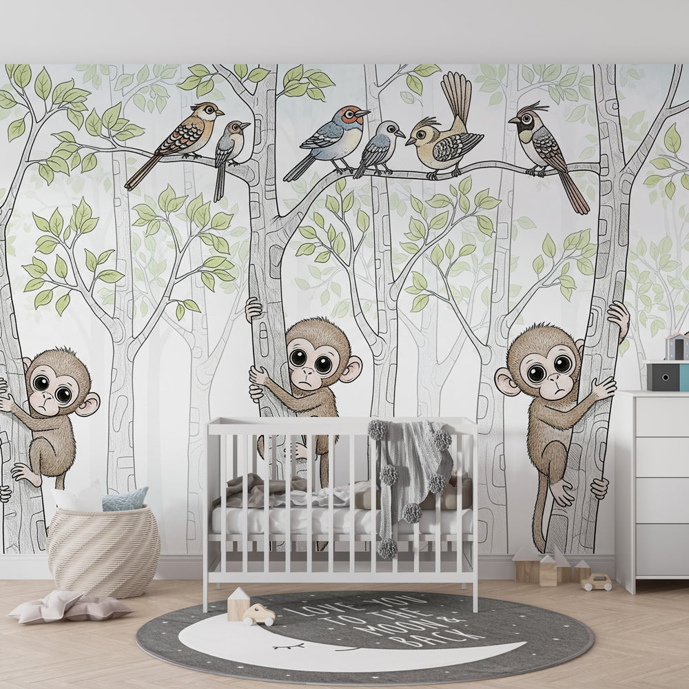 Colorful monkey and bird mural wallpaper for modern kids playroom by Kids-Mundo