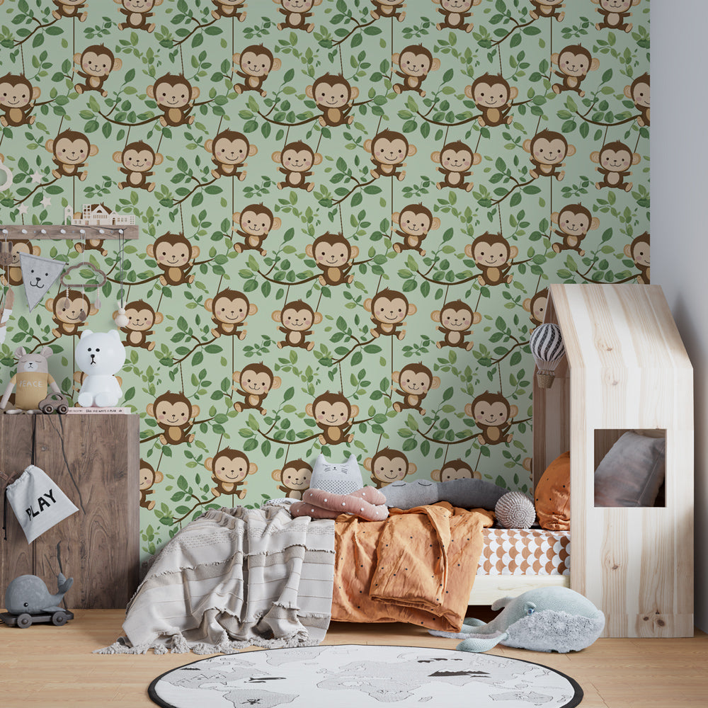Safari monkey wallpaper creating adventurous kids bedroom decor with natural wood furniture