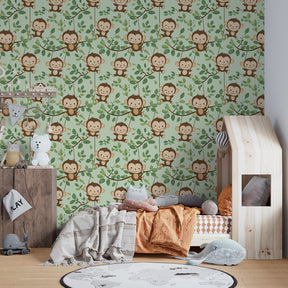 Safari monkey wallpaper creating adventurous kids bedroom decor with natural wood furniture