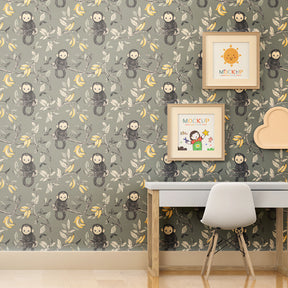 Jungle monkey wallpaper creating playful safari atmosphere in kids bedroom