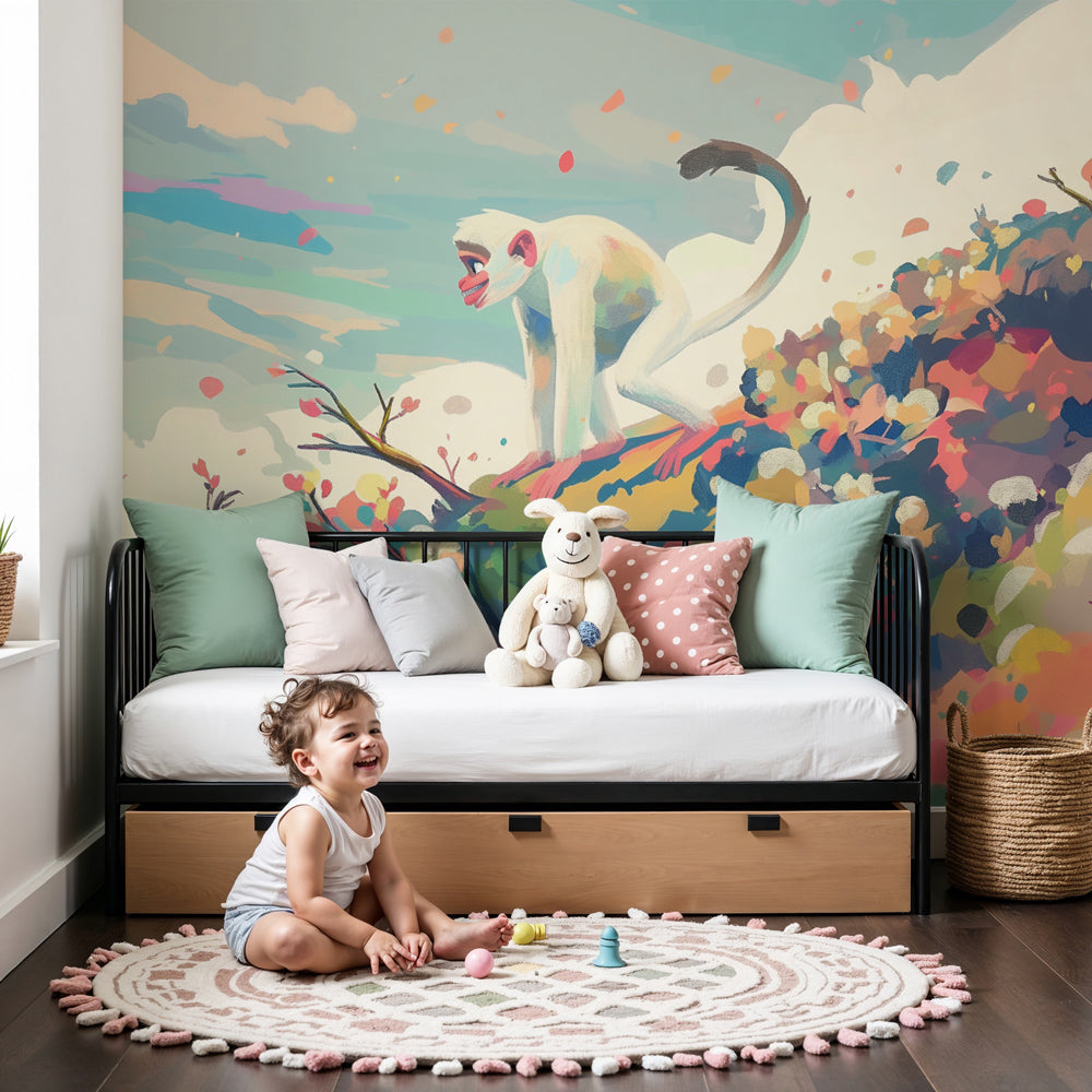 Playful monkey mural wallpaper creating enchanting safari theme in modern nursery by Kids-Mundo