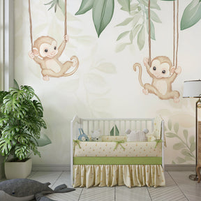 Tropical monkey wallpaper creating gentle safari theme in children's bedroom decor