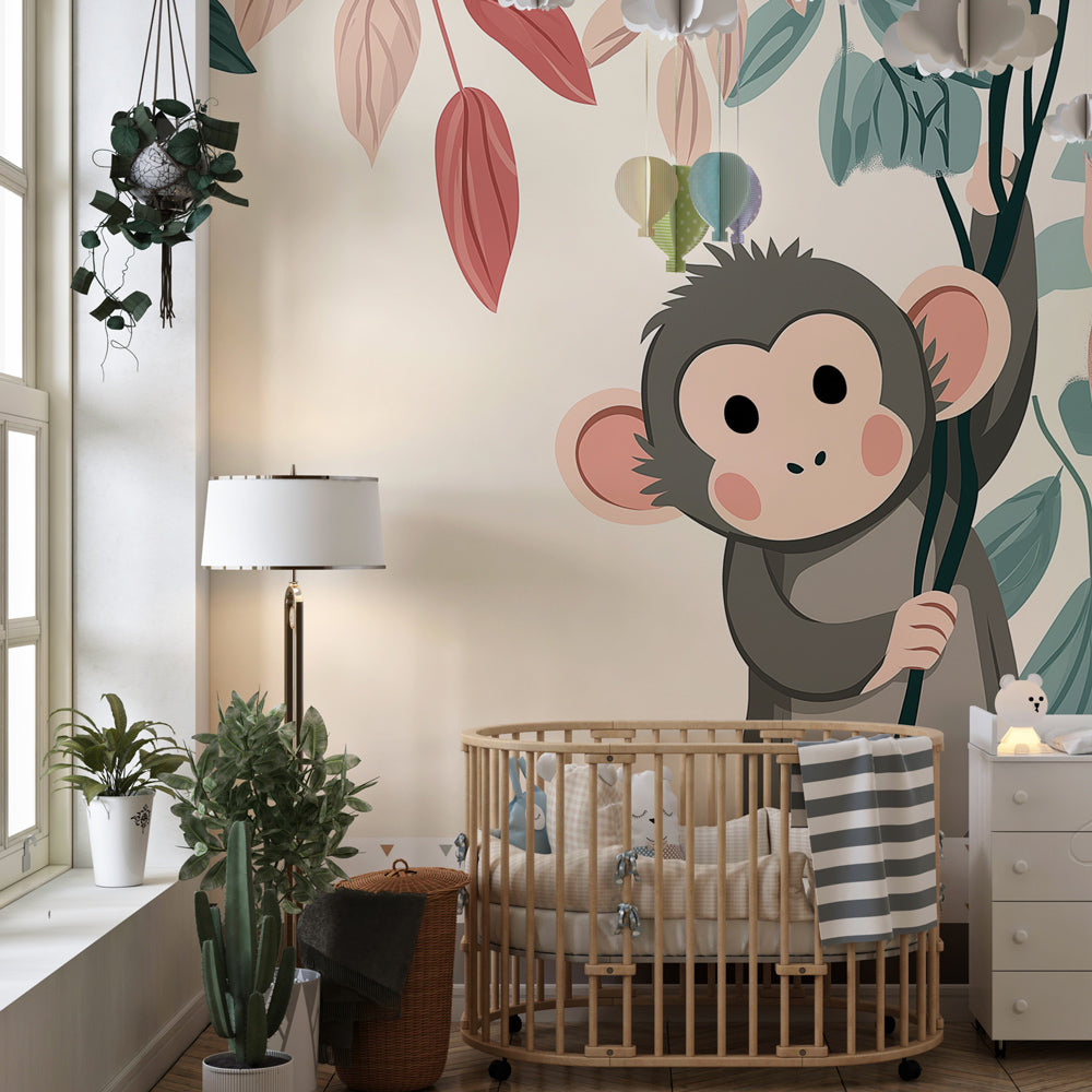 Monkey and leaves mural wallpaper transforming toddler bedroom into jungle adventure
