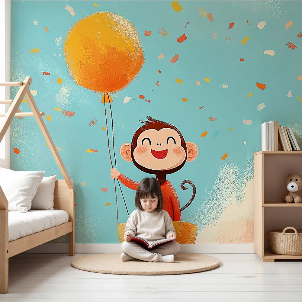 Monkey party mural wallpaper with balloon and confetti in modern nursery by Kids-Mundo