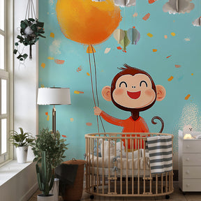 Colorful monkey confetti mural wallpaper transforming playroom into celebration space