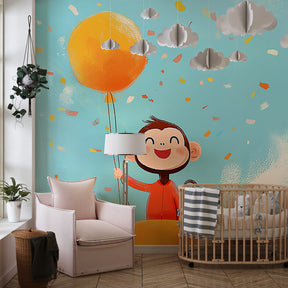 Festive monkey balloon wallpaper creating joyful atmosphere in kids bedroom decor
