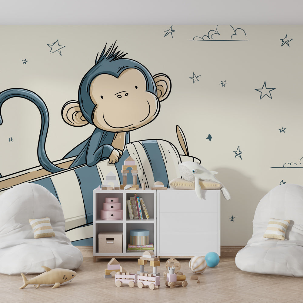 Starry sky monkey aviator wallpaper transforming children's bedroom into adventure space
