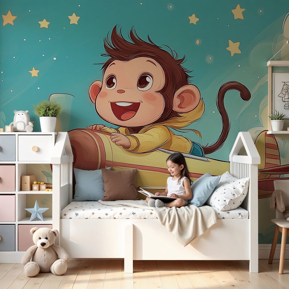 Monkey pilot aviation mural wallpaper in modern nursery with blue sky theme by Kids-Mundo