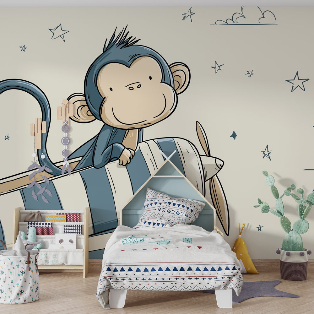 Aviation themed monkey pilot wallpaper inspiring imaginative play in kids room decor