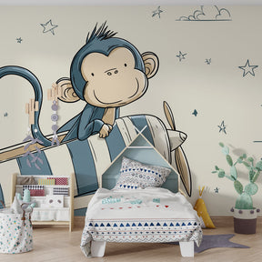Aviation themed monkey pilot wallpaper inspiring imaginative play in kids room decor