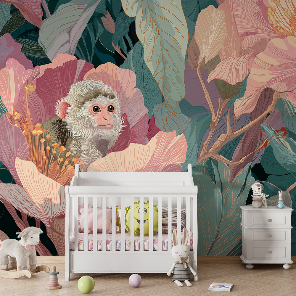 Kids-Mundo floral monkey wall mural covering a girl's kids bedroom wall