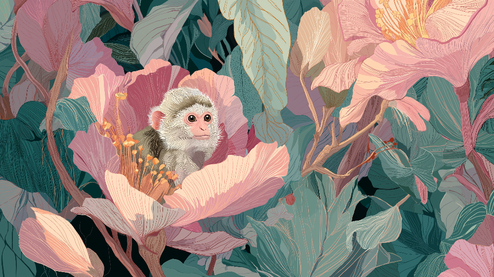 Kids-Mundo flat artwork of a little monkey peeking out from pink peony flowers