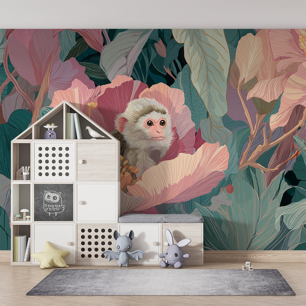Kids-Mundo pink peony jungle mural styled on a bright playroom feature wall