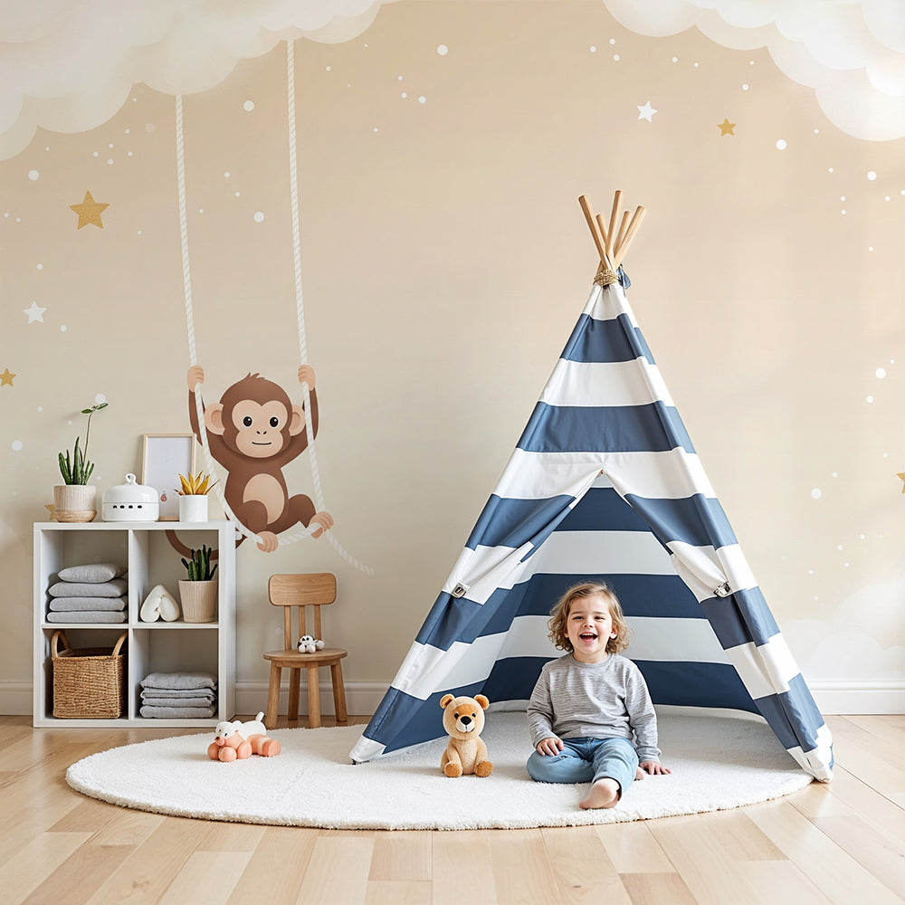 Kids-Mundo monkey cloud swing wall mural styled in a warm cream nursery