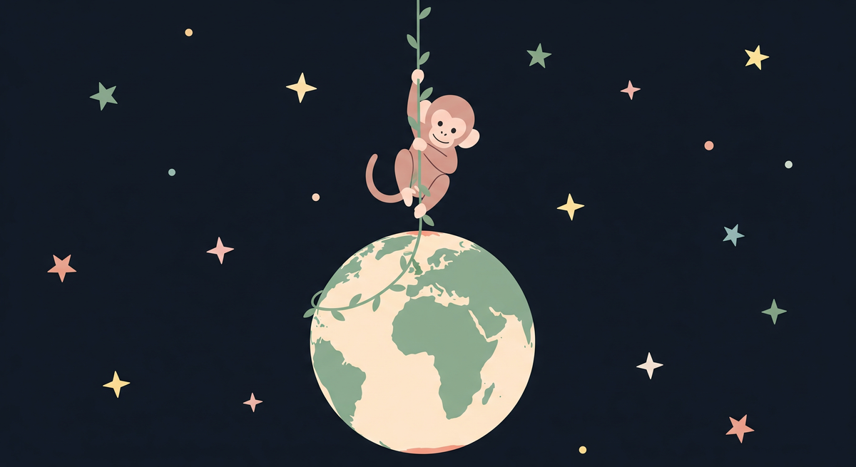 Monkey Swinging from Earth Space Wall Mural