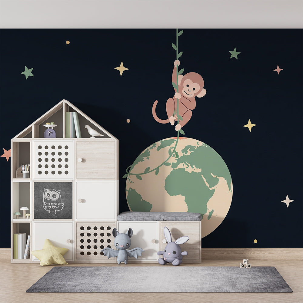 Kids-Mundo playful space monkey wall mural brightening a starry playroom wall