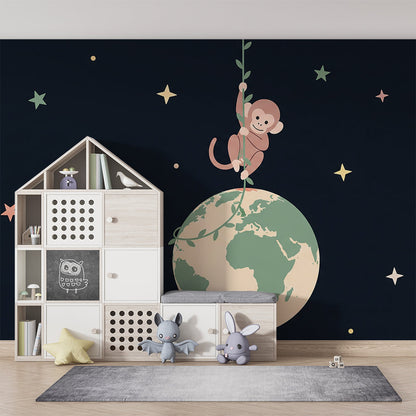 Kids-Mundo playful space monkey wall mural brightening a starry playroom wall