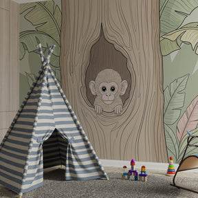 Jungle animal mural wallpaper with playful monkey in child's bedroom setting by Kids-Mundo