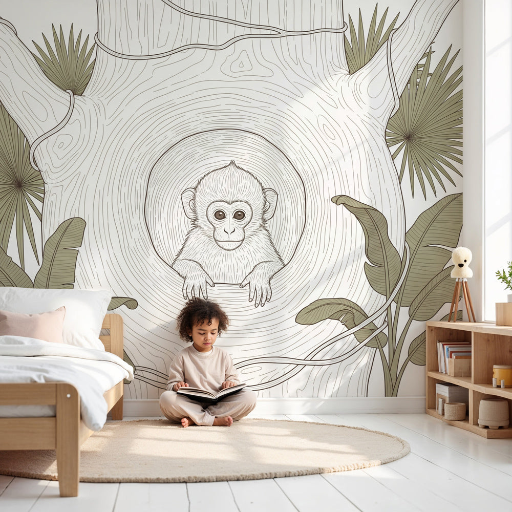 Tropical monkey tree mural wallpaper in modern nursery with natural wood crib by Kids-Mundo