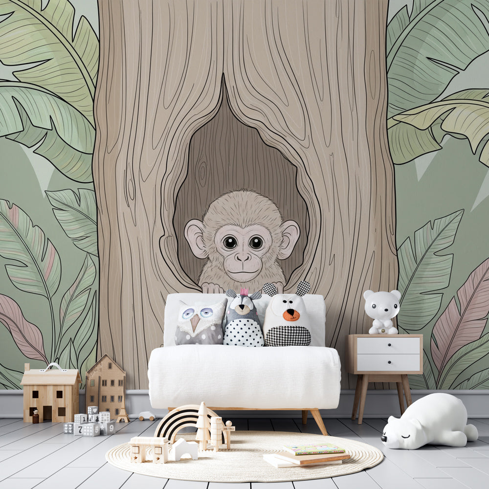 Nature-themed monkey wallpaper transforming children's playroom into jungle adventure space