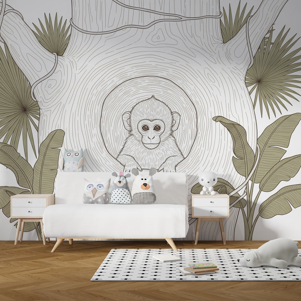Tropical animal mural wallpaper featuring cute monkey in tree for kids playroom by Kids-Mundo