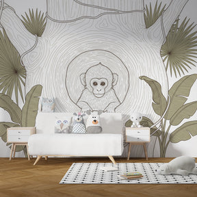 Tropical animal mural wallpaper featuring cute monkey in tree for kids playroom by Kids-Mundo