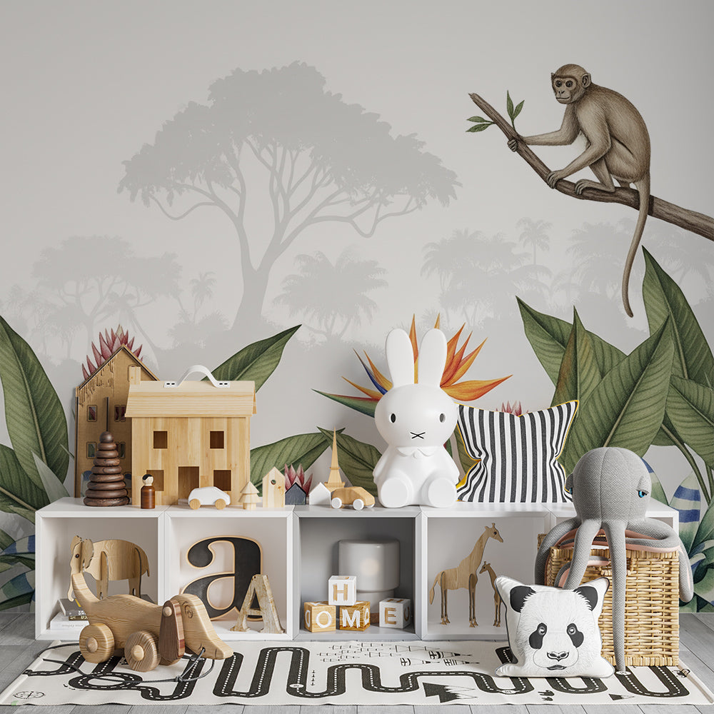Kids-Mundo monkey and tropical flower wall mural shown in a bright kids' bedroom setting.
