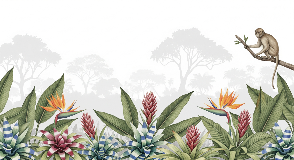 Kids-Mundo flat artwork of a curious monkey among tropical flowers and misty jungle trees.