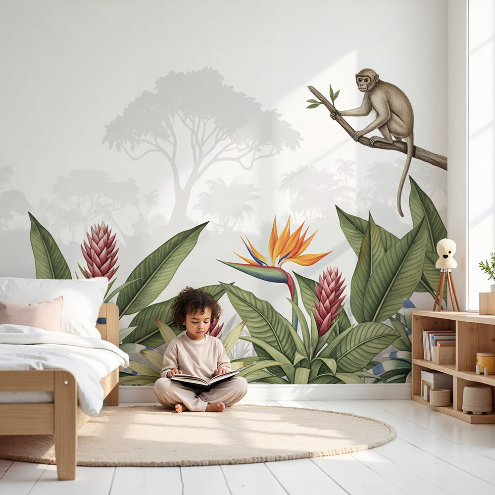 Kids-Mundo curious monkey jungle wall mural styled in a soft, botanical nursery with tropical greenery.