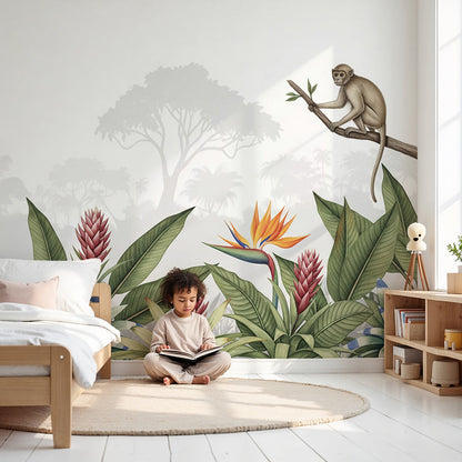 Kids-Mundo curious monkey jungle wall mural styled in a soft, botanical nursery with tropical greenery.