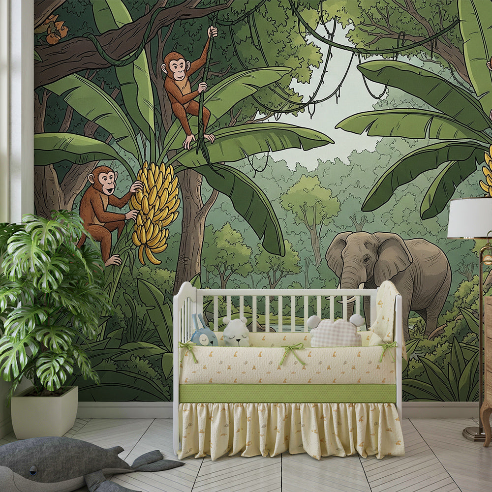 Kids-Mundo playful monkey wall mural with elephant in a lively kids bedroom