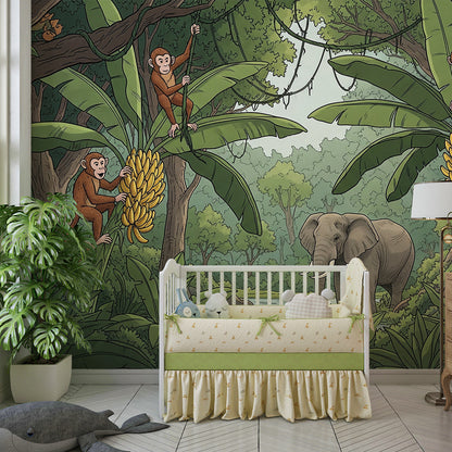 Kids-Mundo playful monkey wall mural with elephant in a lively kids bedroom