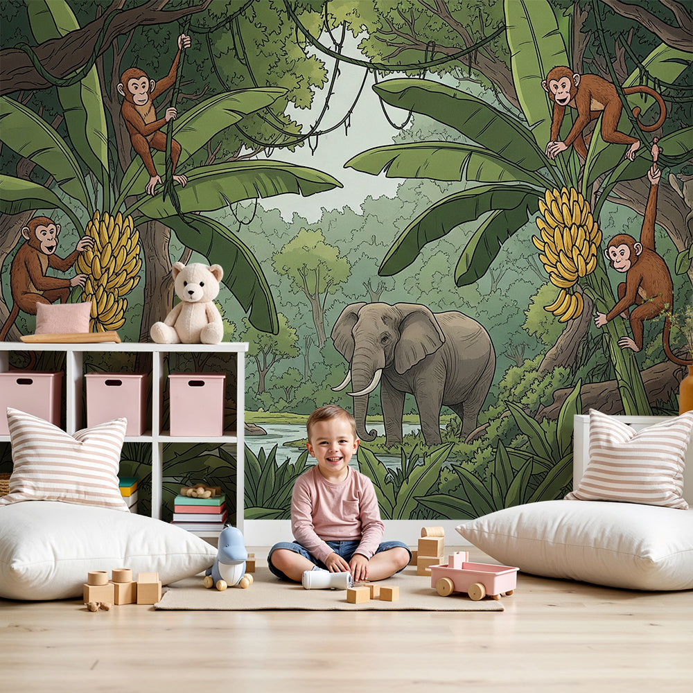 Kids-Mundo jungle monkeys and elephant wall mural styled in a green nursery