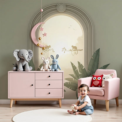 Kids-Mundo monkeys at golden sunset wall mural styled behind a cot in a warm nursery