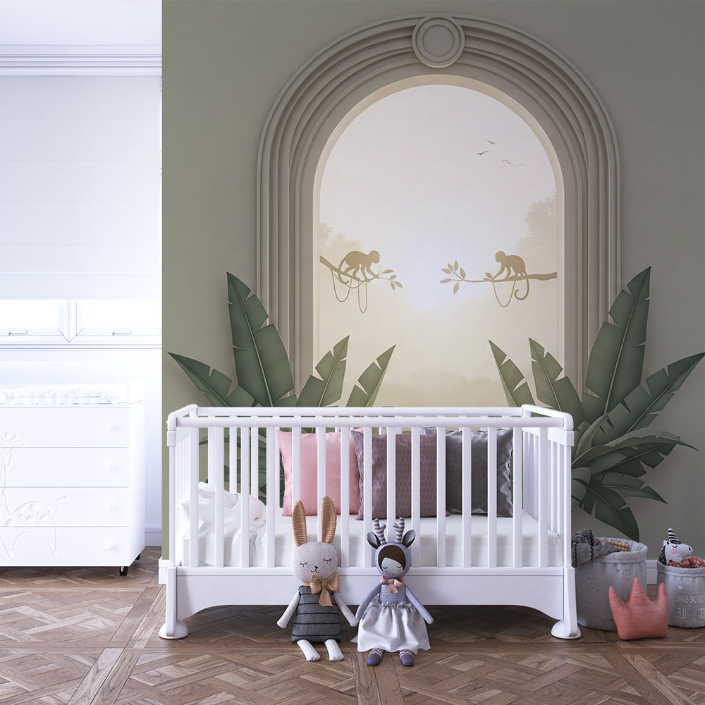 Kids-Mundo jungle arch wall mural with banana leaves in a children's playroom