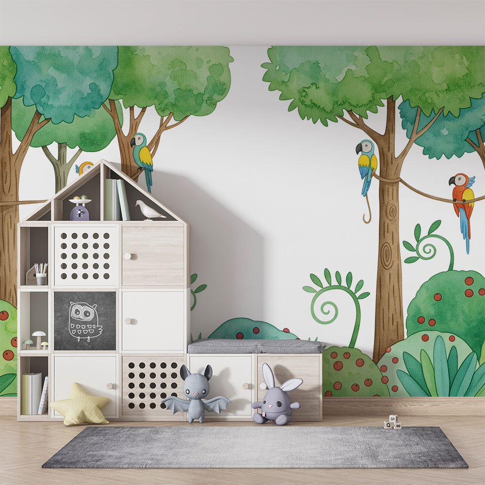 Kids-Mundo jungle wall mural with monkeys and parrots shown in a bright kids' bedroom.