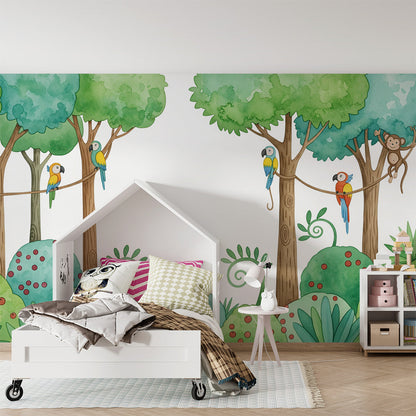Kids-Mundo monkeys and parrots wall mural pictured in a lively children's playroom.