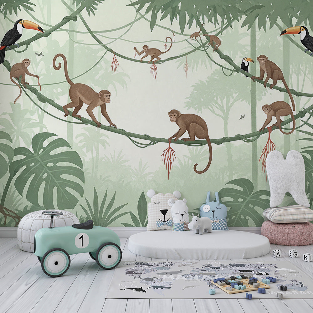 Kids-Mundo jungle vine mural with monkeys and toucans styled on a playful kids bedroom wall.