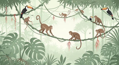 Kids-Mundo flat artwork of monkeys and toucans swinging along tangled jungle vines.