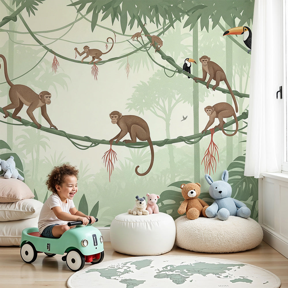 Kids-Mundo monkey and toucan jungle wall mural made to measure for a lively nursery wall.