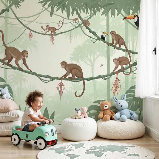 Kids-Mundo monkey and toucan jungle wall mural made to measure for a lively nursery wall.